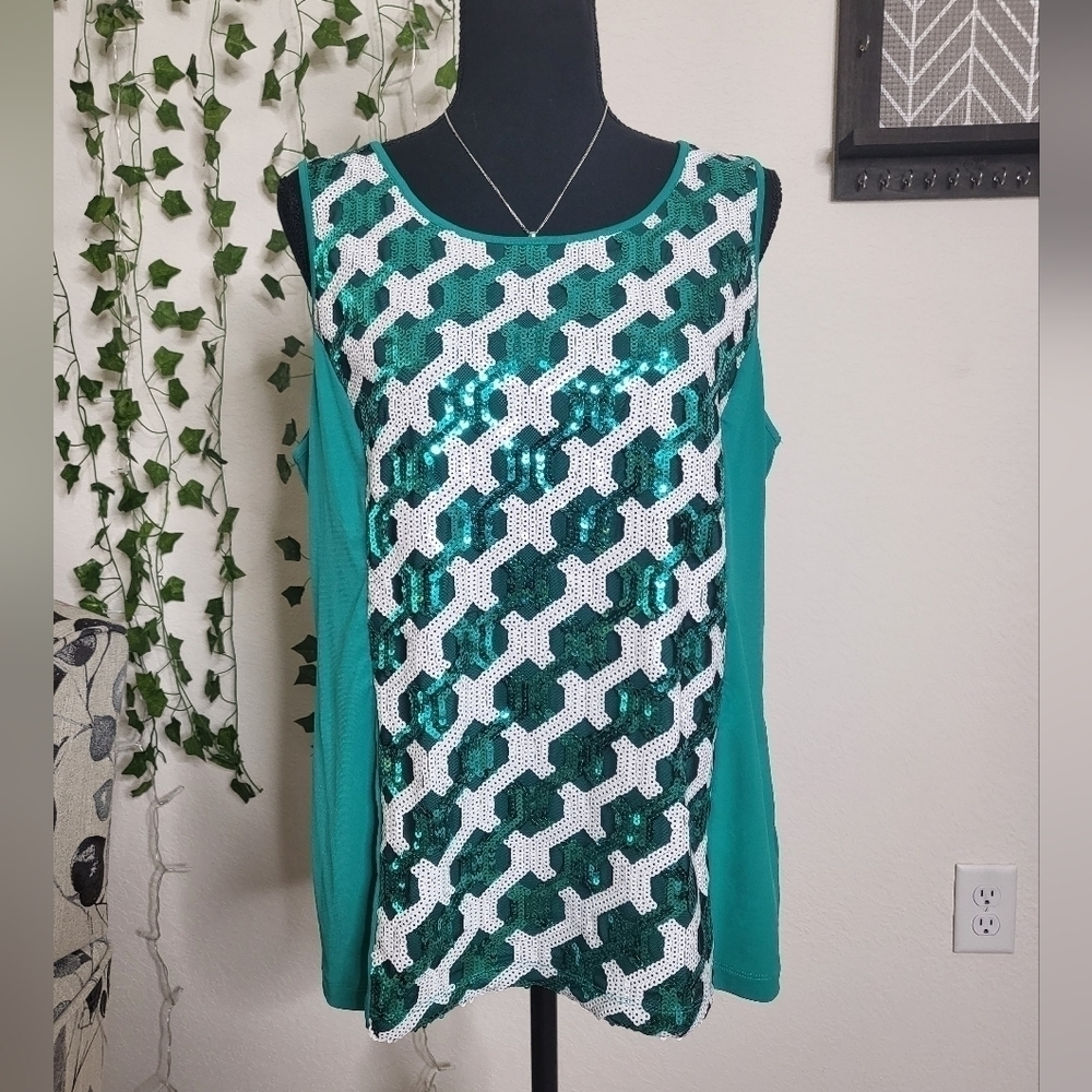 Bob Mackie Wearable Art Green White Geometric Sequin Tank Blouse Top